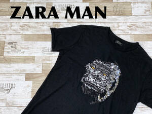 ☆送料無料☆ ZARA MAN ザラ メン 古着 半袖 アニマル柄 ゴリラ Tシャツ メンズ M ブラック トップス 中古 即決