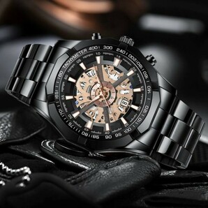 BINBOND カレンダー機能付きラグジュアリー スケルトン メンズ ステンレス 腕時計 黒