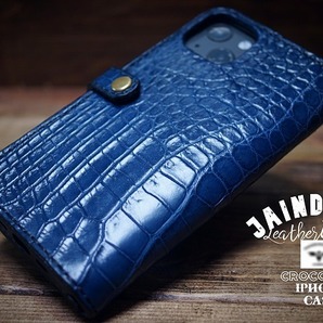 iPhone14ケース(14pro用の製作も可) 手縫い クロコダイル 手帳型 ブルー