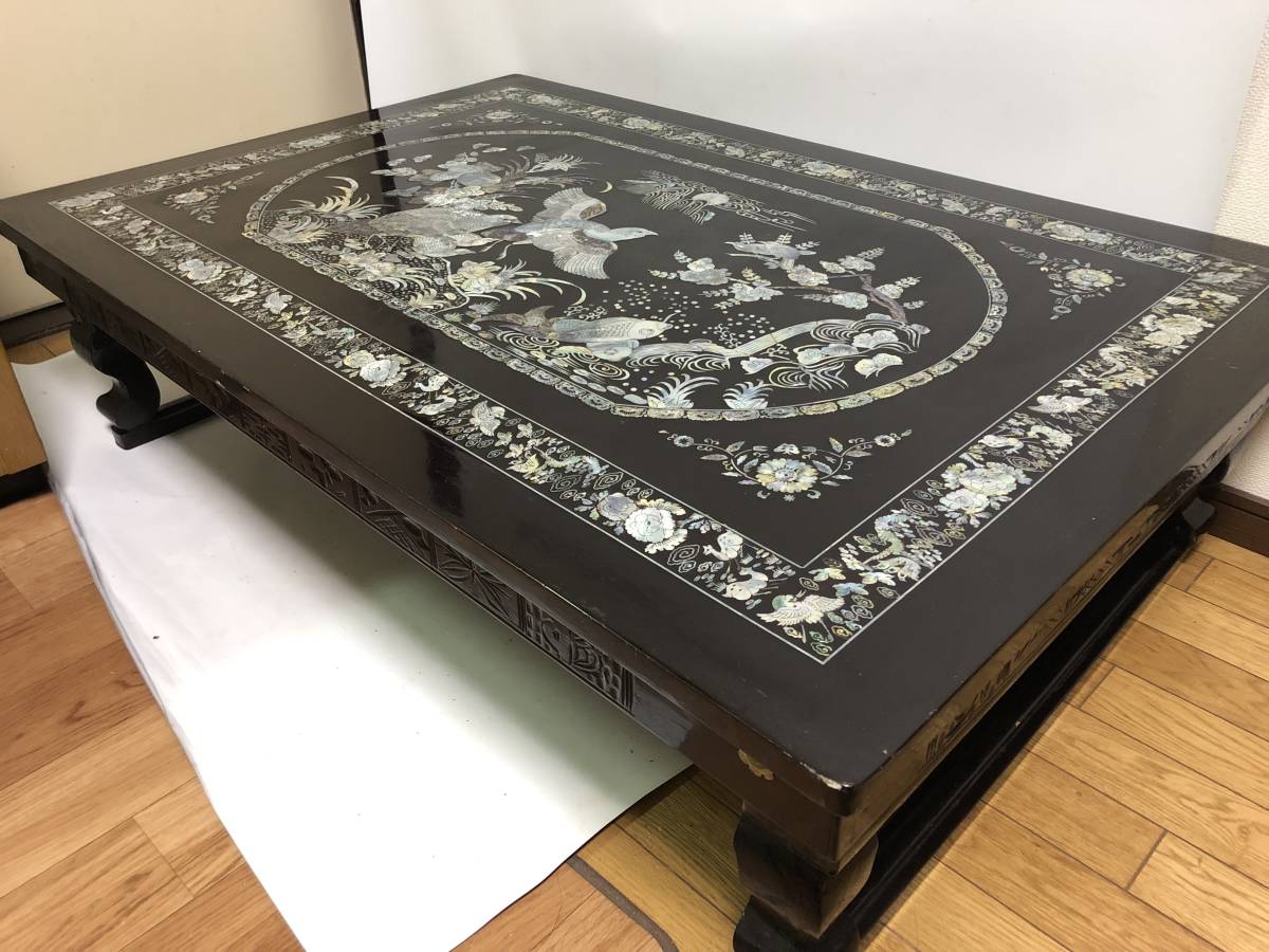 グリーン・ホワイト系 完成品♪ 螺鈿細工 テーブル 机 座卓 豪華