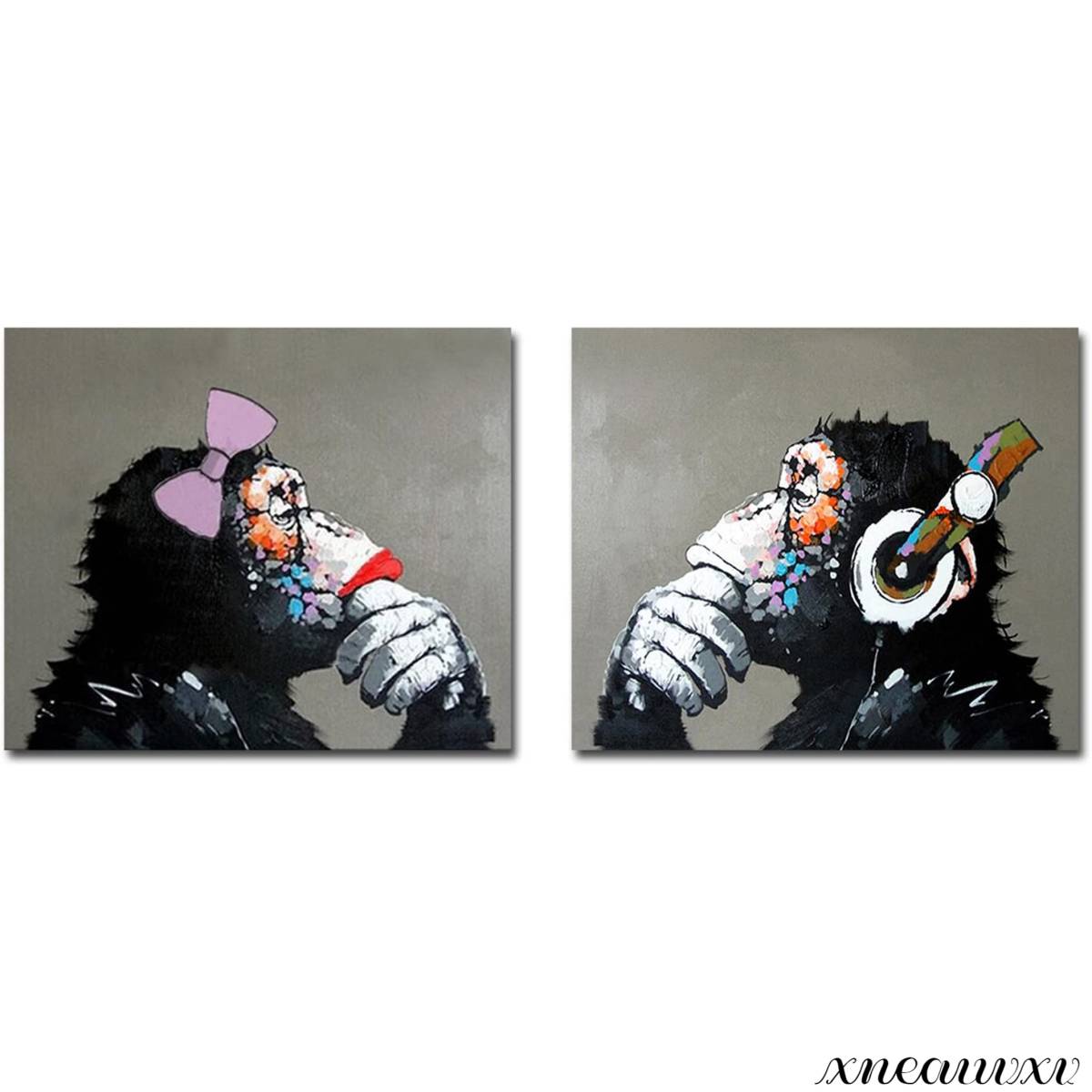 Lot de 2 singes écoutant de la musique - Panneau d'art intérieur - Peinture à l'huile murale à suspendre - Peinture décorative sur toile - Salon élégant et moderne - Art de rue, Peinture, Peinture à l'huile, Peintures animalières