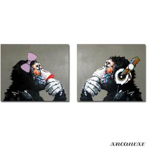 2枚セット 音楽を聴いている猿 アートパネル インテリア 油彩 壁掛け 装飾画 キャンバス 絵画 リビング おしゃれ モダン ストリート アート