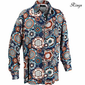 112702-30 長袖シャツ アンティーク フラワー オーバーサイズ ゆったり カジュアル メンズ(ネイビー紺×オレンジ) 46L レトロポップ サイケ