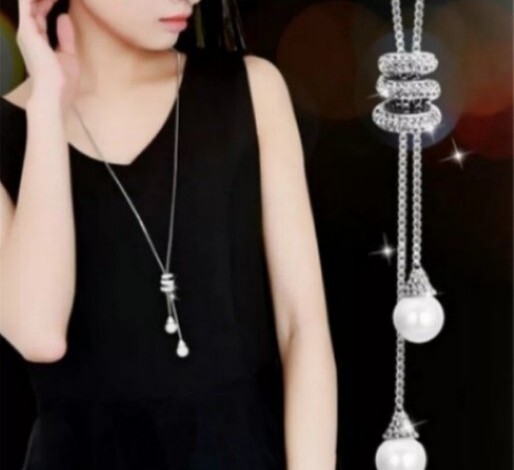 お買い得☆ロングネックレス 低価格 シルバーカラー ラインストーン