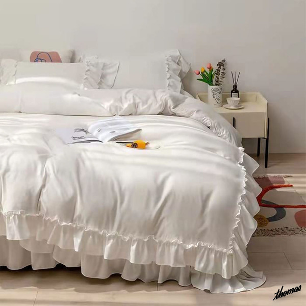 ◆型崩れしにくいウォッシャブル加工◆ セミダブルサイズ 布団カバー 4点セット 模様替え 清潔感 上品 枕カバー ベッドスカート ホワイト