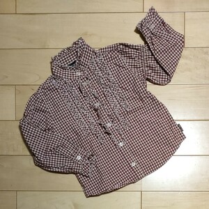 コムサイズム　女の子　100A★フリル付きブラウス★くすみカラー 赤チェック柄 キッズ春服トップス