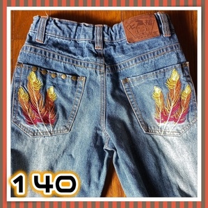 140 7 удача Denim джинсы ji- хлеб woshu обработка вышивка распорка брюки заклепки стежок повреждение .. б/у одежда симпатичный прекрасный товар 