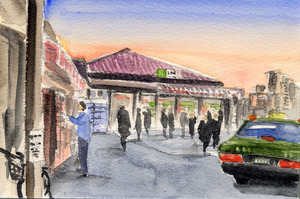 Art hand Auction No. 8163 Uguisudani Station at Dusk / Painted by Chihiro Tanaka (four seasons watercolor) / Comes with a gift, painting, watercolor, Nature, Landscape painting