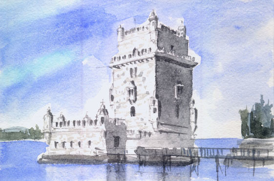 No. 8145 Tower of Belem/Lisbon, Portugal / Chihiro Tanaka (Four Seasons Watercolor) / Comes with a gift, Painting, watercolor, Nature, Landscape painting