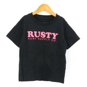 ラスティ 半袖Tシャツ ロゴプリント カットソー サーフ 女の子用 110サイズ 黒ピンク キッズ 子供服 RUSTY