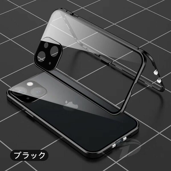 iPhone 13mini ブラック ダブルロック付 前後強化ガラス レンズカバー体型 アルミ 耐衝撃 iPhone11 12 13 14 15 Pro max mini Plus ケース