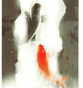 ●●吉岡浩太郎開運(風水)シルク版画額　「夫婦滝のぼり鯉」●●