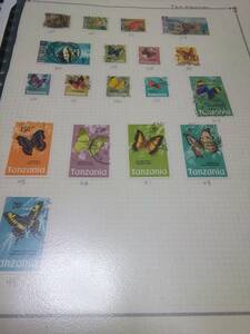 英領タンザニア、通常切手 蝶シリーズなど18種類をリーフ貼り、使用済み、状態良好