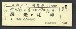 Ｓ５５おおとり特急券（斜里駅）