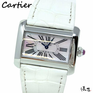 【カルティエ】ミニタンク ディヴァン ピンクシェル 国際保証書 美品 SS レディース 時計 Cartier Tank Divan 俵屋