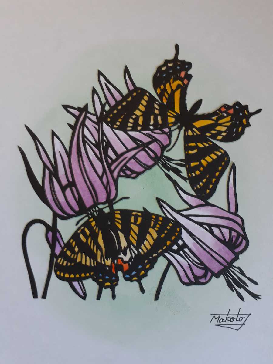 Recorte de papel: mariposa Gifu y flor violeta diente de perro, Obra de arte, Cuadro, Collage, Cortando papel