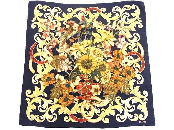 【極美品】シャネル 大判スカーフ 花柄 シルク100% ベージュ フラワー
