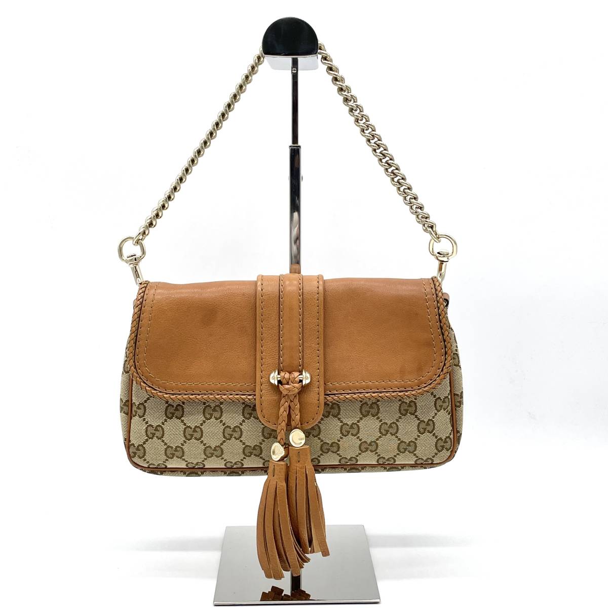 GUCCI マラケシュ フリンジ GG柄 キャンバス ゴールドチェーン レザー-