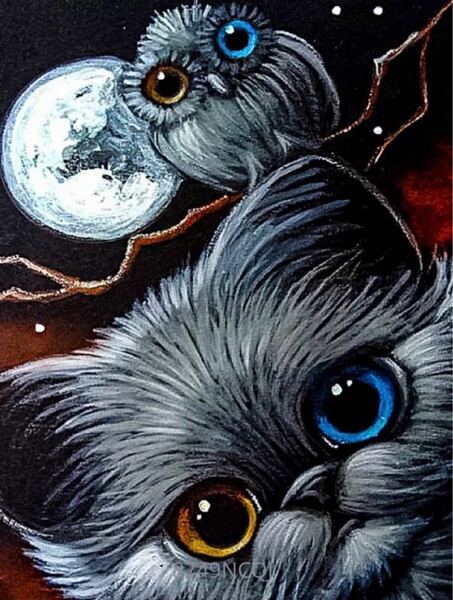 ダイヤモンドアート　月夜にネコとフクロウ　　35×25