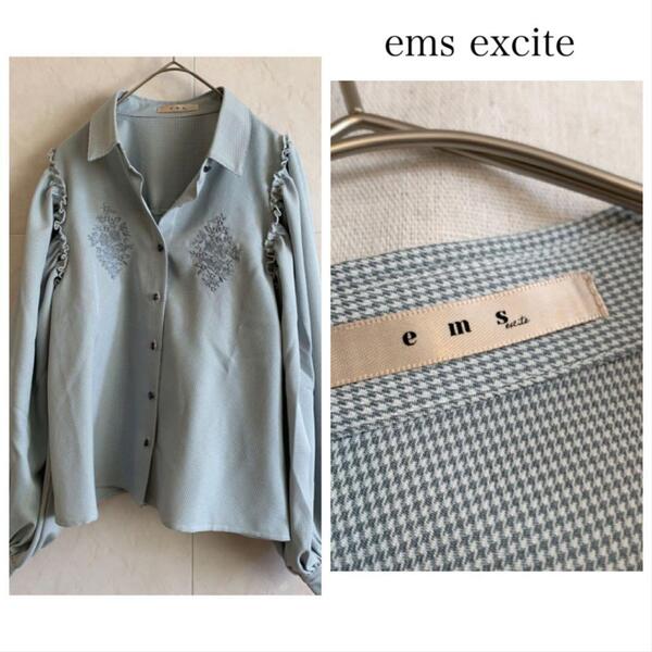 美品★ems excite 千鳥チェック 長袖ブラウス 刺繍 75