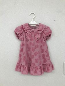 90メゾピアノ/ピンクリボン柄半袖フリルワンピース美中古　Baby/女の子