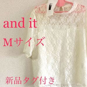 トップス カットソー オフホワイト Mサイズ and it 総レース半袖 新品未使用 定価2900円+税