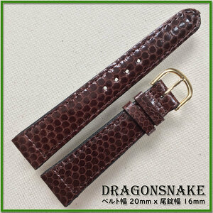 SALE！ ２０mm 本革 ドラゴンスネイク サイケデリック ヘビ革 時計ベルト GOLD BUCKLE DARK BROWN 幸運 刻印入 AA