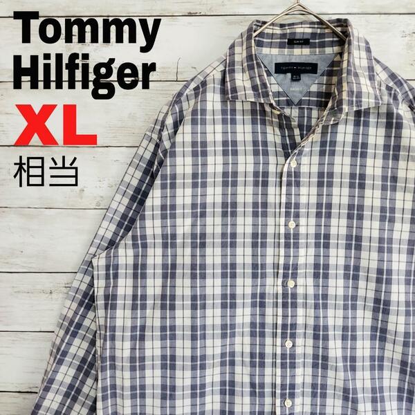 x1 US古着 Tommy Hilfiger 長袖シャツ 寒色 チェック柄 XL相当 メンズ