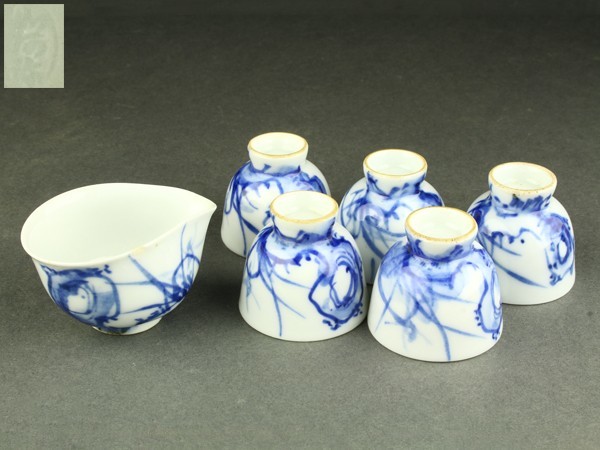 煎茶碗 染付 唐草紋 茶碗・在銘 煎茶道具・6客・8.8×h4.3cm 取り寄せた本物の商品 煎茶道具 栄山造 染付『蓮唐草文』煎茶碗 五客セット茶道具★時代物★★ 陶芸