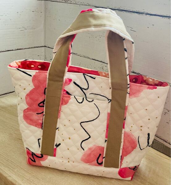 トートバッグ ハンドメイド 水彩 ピンク 外ポケット
