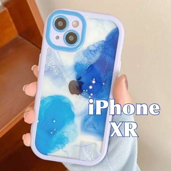iPhone XR ケース 幾何学模様 青 ブルー 紫 パープル 水彩絵の具 大理石 透明 クリア 耐衝撃 衝撃吸収 スマホ カバー JHCAS