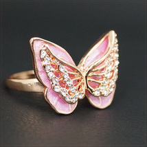 [RING] 14K 585 Rose Gold Plated CZ Pink Butterfly ラグジュアリー ダブル レイヤー ピンク バタフライ 蝶々 リング 16号 【送料無料】_画像1