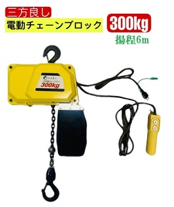 三方良し 小型電気チェーンブロック 定格荷重300kg (揚程6m)　単相100V 50Hz/60Hz (1速型) 軽量電動チェーンホイスト電動チェーンブロック