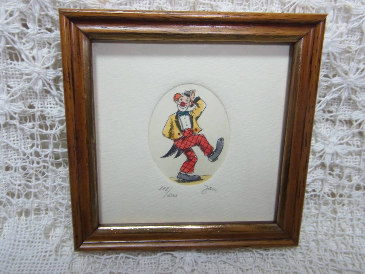 Painting ☆ Small framed painting Clown Clown Print Silkscreen Artist name JAN Limited edition 118 out of 500 Frame size 10.1X10.1cm Red head Red nose Red pants Yellow jacket, artwork, print, others