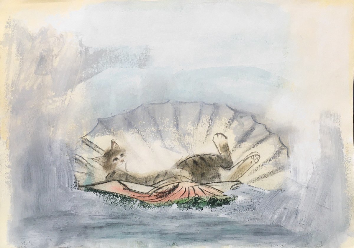 Authenticité garantie Tableau dessiné à la main par Ryokichi Ozawa Chat allongé sur une coquille (titre provisoire) Crayon, aquarelle, pastel, gouache, peinture, aquarelle, dessin d'animaux