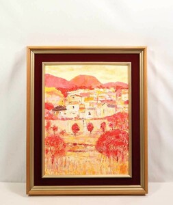 真作 土井康弘 1980年油彩「経塚山」画寸 F10 元学校美術部顧問 岩手県、夏油三山と麓の集落の夕景 力強く色鮮やか詩情豊かに描く 6481