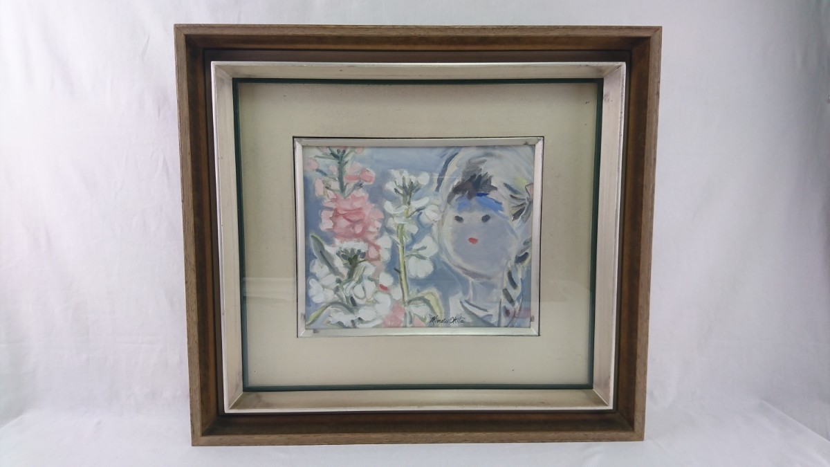 Echtes Werk von Minoru Okita Ölgemälde Blumen und Mädchen Größe: 27 cm x 22 cm F3 Geboren in der Präfektur Hiroshima, Gründungsmitglied der Hakua Art Association, Studierte bei Yori Saito, Zeichnet ein Mädchen mit einem sehr süßen Lächeln 378, Malerei, Ölgemälde, Porträts
