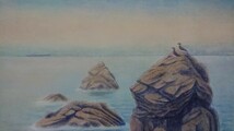 真作 岩井鶴二 2005年 日本画「夕暮れの海～二見浦」画寸 45cm×38cm 8号 落款有り 黄昏空に穏やかな海が広がる 1474_画像3