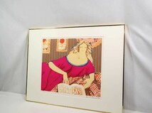 真作 松任谷國子 リトグラフ「読書をする女性」画寸 53×45.5cm 東京都出身 松任谷由美のいとこ 少女漫画の様なデフォルメした女性像 6155_画像10