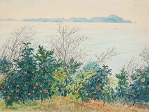 真作 青山政吉 水彩「家島」画寸 54cm×43cm 兵庫県出身 二紀会同人 黒田重太郎に師事 兵庫県姫路市、紅椿が咲く丘から一望の瀬戸内海 6323_画像3