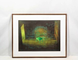 真作 二村卓児 1997年リトグラフ「夜の司祭-'97」画寸 54cm×38cm 愛知県出身 廃屋の閉ざされた部屋の空間構成で光の効果の追究 5953