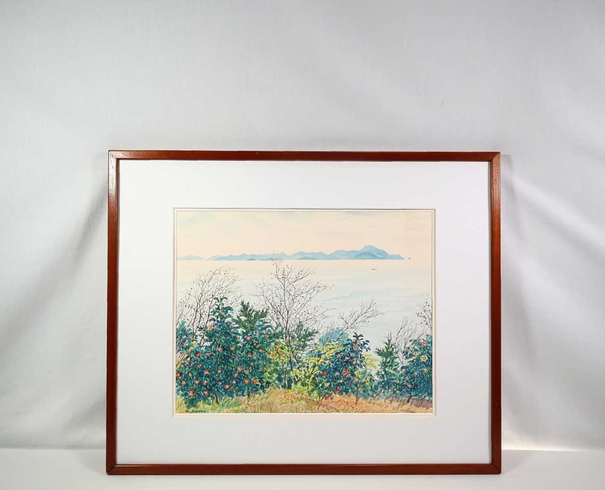 真作 青山政吉 水彩｢家島｣画寸 54cm×43cm 兵庫県出身 二紀会同人 黒田重太郎に師事 兵庫県姫路市, 紅椿が咲く丘から一望の瀬戸内海 6323, 絵画, 水彩, 自然, 風景画