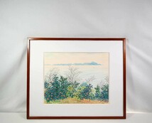 真作 青山政吉 水彩「家島」画寸 54cm×43cm 兵庫県出身 二紀会同人 黒田重太郎に師事 兵庫県姫路市、紅椿が咲く丘から一望の瀬戸内海 6323_画像1