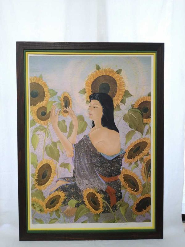 Oeuvre authentique Muramasa Kudo Grande sérigraphie Tournesol Dimensions 67cm x 92cm Vivant aux Etats-Unis Style unique mêlant calligraphie et peinture Lignes délicates et sans hésitation 3835, ouvrages d'art, imprimer, sérigraphie