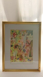 真作 佐々木章子 1996年シルクスクリーン「THE BLOSSOM OF HARMONY」画 27×39cm 岡山県在住 神話世界を中心に天使 神々 妖精等を描く 2131