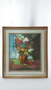 真作 関口修男 1981年 油彩「バラ」画寸 38cm×45.5cm F8 深い色調、確りとした筆致で活き活きとした色鮮やかな薔薇の花々 1638