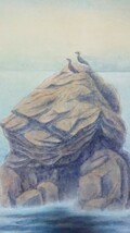 真作 岩井鶴二 2005年 日本画「夕暮れの海～二見浦」画寸 45cm×38cm 8号 落款有り 黄昏空に穏やかな海が広がる 1474_画像5