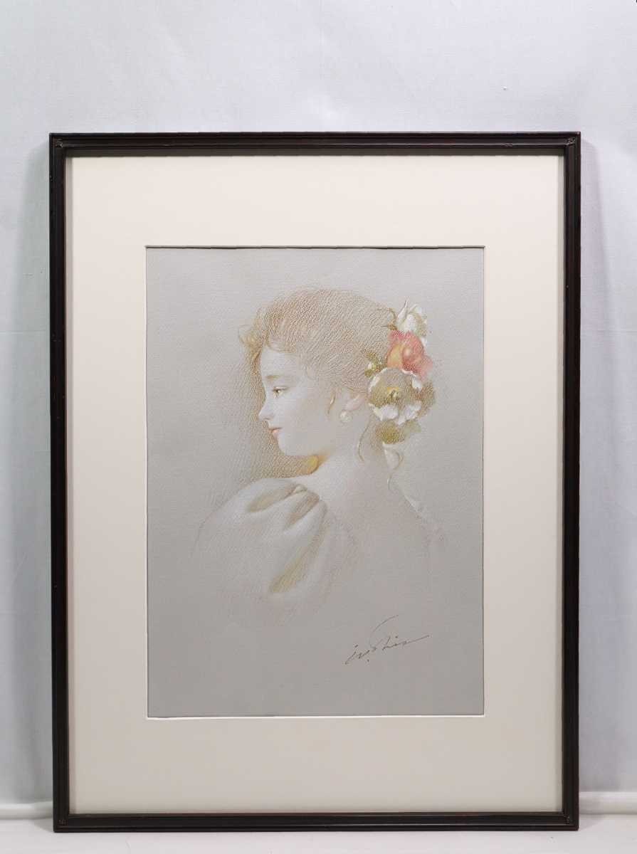 Shintoru 的真迹, 粉彩 戴头饰的少女 尺寸：44cm x 56.5cm 出生地：福冈县, 所有展览会会员, 追求现实主义, 细腻的触感, 曲线之美, 柔和的身影 5450, 艺术品, 绘画, 粉彩画, 蜡笔画