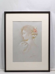  genuine work .. pastel [ hair ornament. young lady ]. size 44cm×56.5cm Fukuoka prefecture .. all exhibition member rear rhythm . pursuing delicate . Touch. bending line beautiful tender .5450