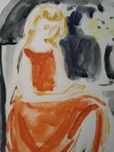 真作 三戸敬之介 1964年水彩「赤いドレスの女性」画寸24cm×27cm 俯き加減の穏やかな表情で椅子に腰かける女性と綺麗な黄色い花を描く 4263_画像4